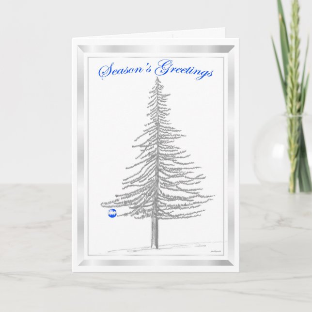 Fir Träd Sketch med blå ornament Helgkort (Framsida)