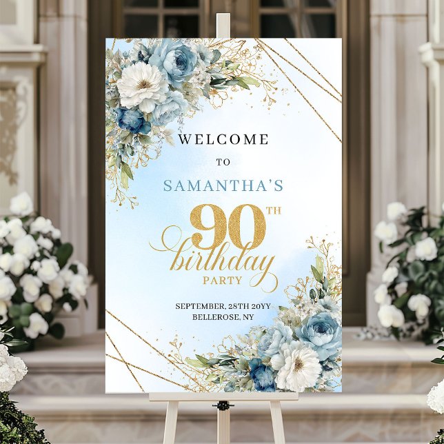 Fira Boho dammig blå guld 90 födelsedagsfirande Poster (Celebrate Boho dusty blue gold 90th birthday welcome)