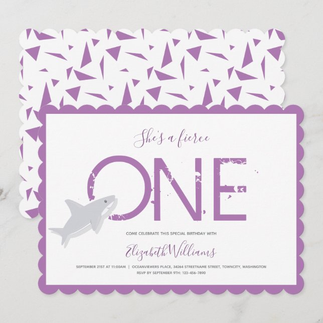 Fira en Lila av hajdjur Invi, första födelsedagen Inbjudningar (Fram/baksida)
