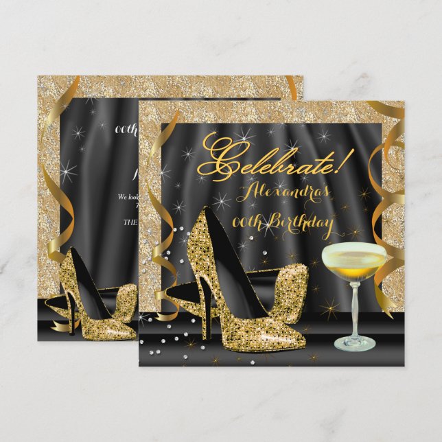Fira Guld Svart Glitter Klackar Champagne Fest Inbjudningar (Fram/baksida)