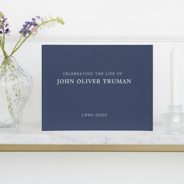 Fira livet med personlig minnesgudstjänst gästböcker (calligraphy navy blue rustic country in loving memory for memorial service of life funeral guestbook)