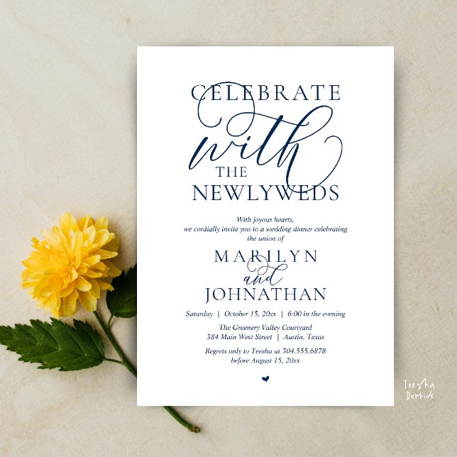 Fira med de nygifta, Bästa bröllopsmiddag Inbjudningar (Celebrate with the newlyweds, Best Wedding Elopement Dinner Party Invitation Card in navy blue)