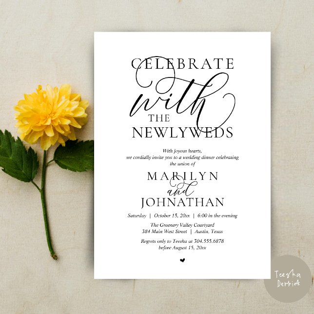 Fira med de nygifta, Bästa Bröllopsmiddag Inbjudningar (Celebrate with the newlyweds, Best Wedding Elopement Dinner Party Invitation Card in black and white)