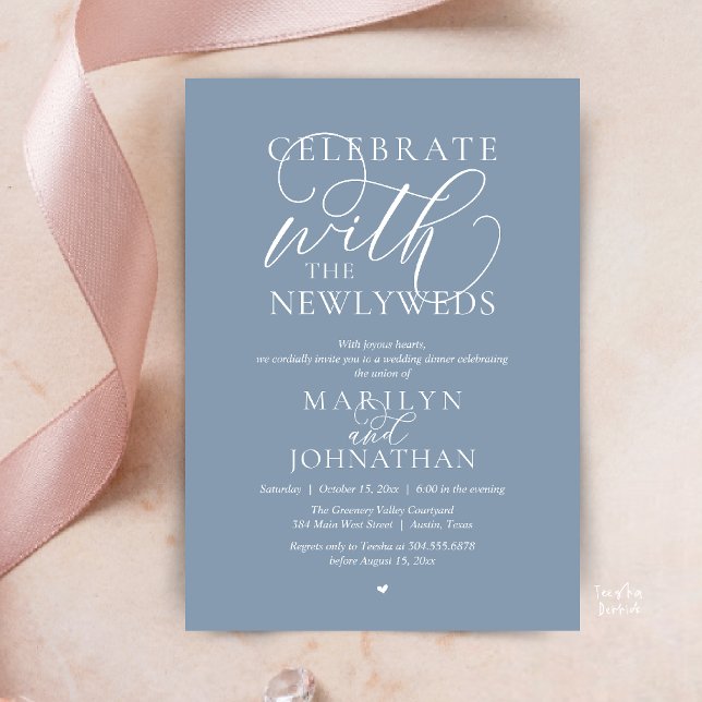 Fira med de nygifta, Bästa Bröllopsmiddag Inbjudningar (Celebrate with the newlyweds, Best Wedding Elopement Dinner Party Invitation Card in dusty blue)