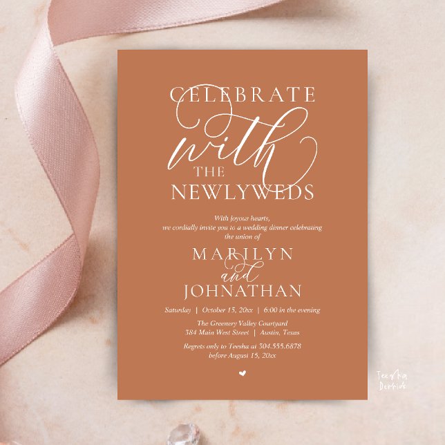 Fira med de nygifta, Bästa Bröllopsmiddag Inbjudningar (Celebrate with the newlyweds, Best Wedding Elopement Dinner Party Invitation Card in copper brown)