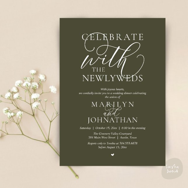 Fira med de nygifta, Bästa Bröllopsmiddag Inbjudningar (Celebrate with the newlyweds, Best Wedding Elopement Dinner Party Invitation Card in olive green)
