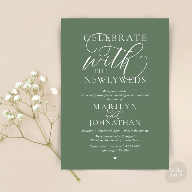 Fira med de nygifta, Bästa Bröllopsmiddag Inbjudningar (Celebrate with the newlyweds, Best Wedding Elopement Dinner Party Invitation Card in sage green)