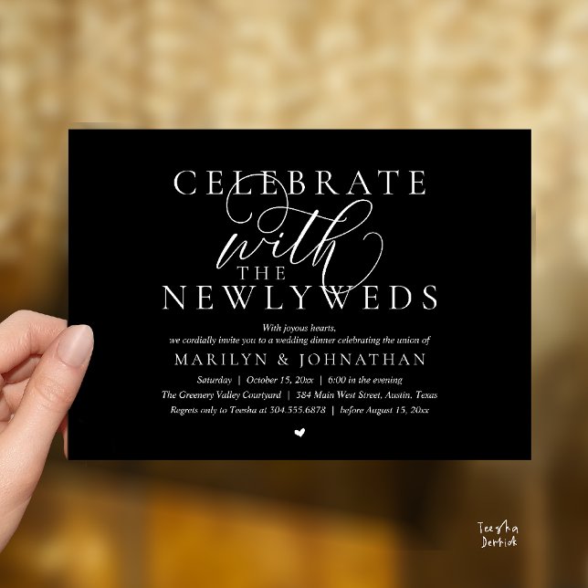 Fira med de nygifta, Bästa Bröllopsmiddag Inbjudningar (Celebrate with the newlyweds, Best Modern Wedding Dinner Party Invitation Card in Classy Black)