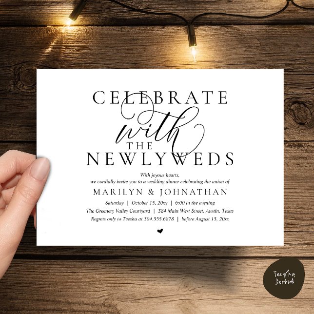 Fira med de nygifta, Bästa Bröllopsmiddag Inbjudningar (Celebrate with the newlyweds, Best Modern Wedding Dinner Party Invitation Card in Black and white)