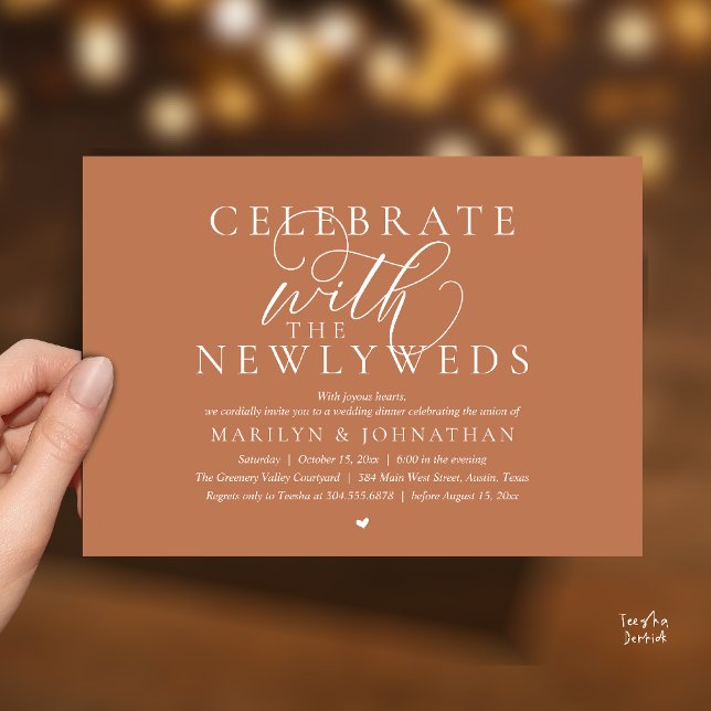 Fira med de nygifta, Bästa Bröllopsmiddag Inbjudningar (Celebrate with the newlyweds, Best Modern Wedding Dinner Party Invitation Card in Copper Terracotta)