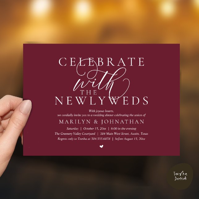 Fira med de nygifta, Bästa Bröllopsmiddag Inbjudningar (Celebrate with the newlyweds, Best Modern Wedding Dinner Party Invitation Card in Burgundy Red Wine)
