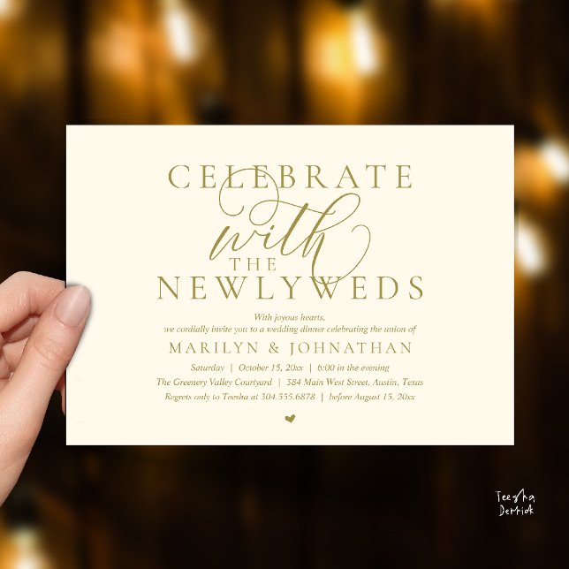 Fira med de nygifta, Bästa Bröllopsmiddag Inbjudningar (Celebrate with the newlyweds, Best Modern Wedding Dinner Party Invitation Card in Gold Yellow Cream)