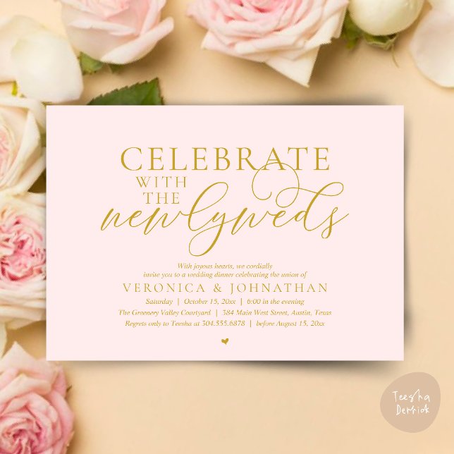 Fira med de nygifta, Bästa Bröllopsmiddag Inbjudningar (Celebrate with the newlyweds, Romantic Classy Wedding Dinner Invitation Card in Blush Gold)