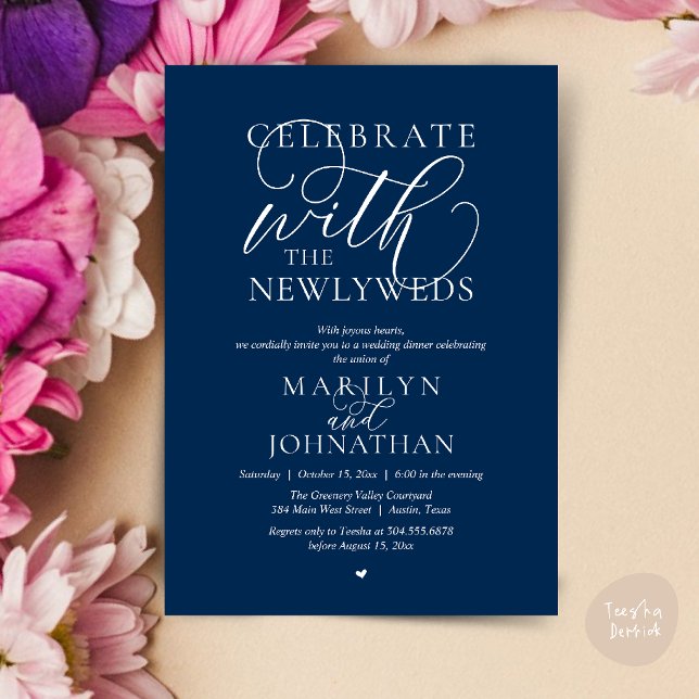 Fira med de nygifta, Bästa bröllopsmiddagen Inbjudningar (Celebrate with the newlyweds, Best Wedding Elopement Dinner Party Invitation Card in navy blue)