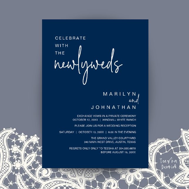 Fira med de nygifta, Bröllopsmottagning Inbjudningar (Celebrate With The Newlyweds, Wedding Reception Dinner Invitation Card in Navy Blue)