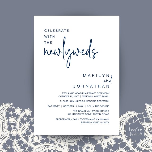 Fira med de nygifta, Bröllopsmottagning Inbjudningar (Celebrate With The Newlyweds, Wedding Reception Dinner Invitation Card in Navy Blue)