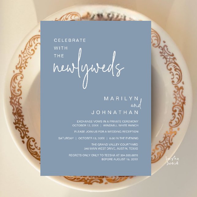 Fira med de nygifta, Bröllopsmottagning Inbjudningar (Celebrate With The Newlyweds, Wedding Reception Dinner Invitation Card in Dusty Blue)