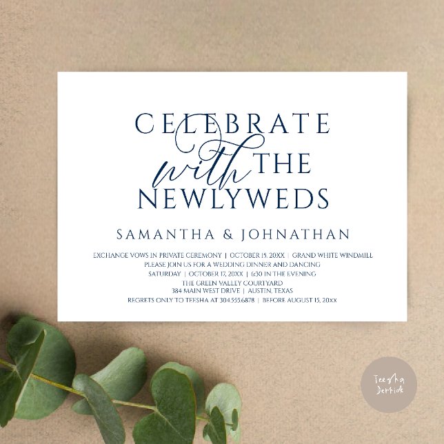 Fira med de nygifta Elegant mottagning Inbjudningar (Celebrate with the Newlyweds Elegant Reception Dinner Dancing Invitation Card in Navy Blue)