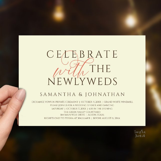 Fira med de nygifta Elegant mottagning Inbjudningar (Celebrate with the Newlyweds Elegant Reception Dinner Dancing Invites Card in Terracotta Warm Brown)
