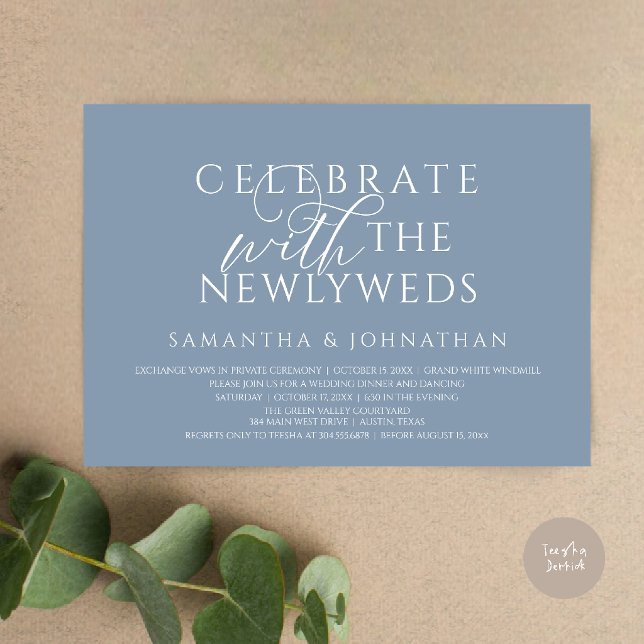 Fira med de nygifta Elegant mottagning Inbjudningar (Celebrate with the Newlyweds Elegant Reception Dinner Dancing Invitation Card in Dusty Blue)