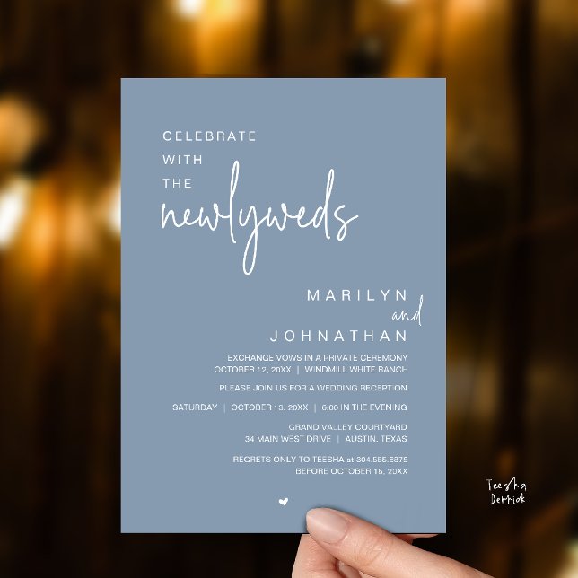 Fira med de nygifta, Modern Bröllop Inbjudningar (Celebrate With The Newlyweds, Modern Wedding Invitation Card in Dusty Blue)