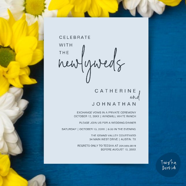 Fira med de nygifta Modern Bröllopsmiddag Inbjudningar (Celebrate With The Newlyweds Modern Wedding Minimalist Dinner Invitation Card in Misty Blue)