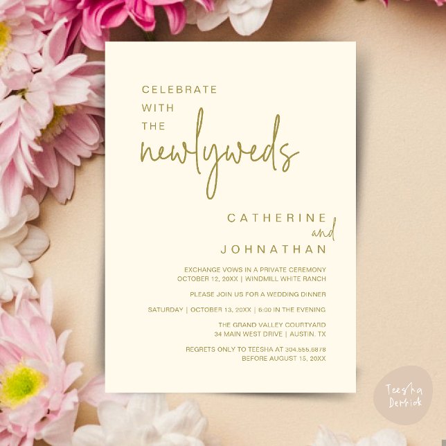 Fira med de nygifta Modern Bröllopsmiddag Inbjudningar (Celebrate With The Newlyweds Modern Wedding Minimalist Dinner Invitation Card in Yellow Gold Cream)