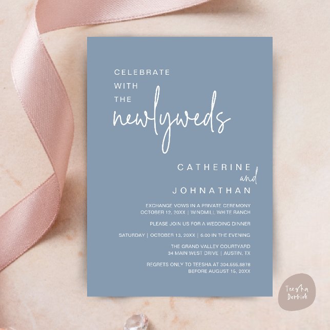 Fira med de nygifta Modern Bröllopsmiddag Inbjudningar (Celebrate With The Newlyweds Modern Wedding Minimalist Dinner Invitation Card in Dusty Blue)