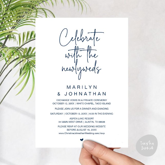 Fira med det nygifta paret, bröllopsmiddag inbjudningar (Celebrate With The Newlyweds, Wedding Invitation Card PDF Dinner Party Lunch Brunch Navy Blue)