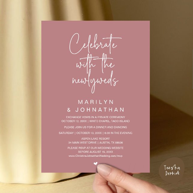 Fira med det nygifta paret, bröllopsmiddag inbjudningar (Celebrate With The Newlyweds, Wedding Invitation Card PDF Dinner Party Lunch Brunch Dusty Rose Pink)