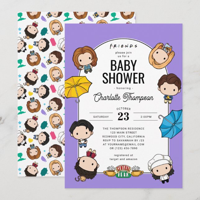 Fira med FRIENDS! Chibi Art Baby Shower Inbjudningar (Fram/baksida)