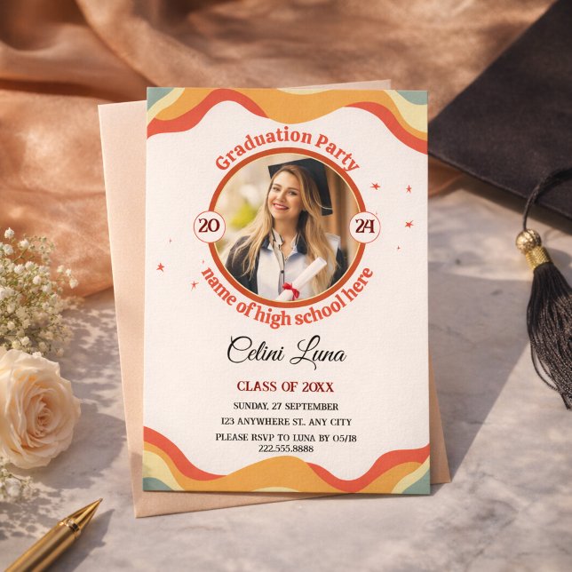 Fira med Groovy Retro-examensinbjudningar Inbjudningar (Celebrate with Groovy Retro Graduation Invitations)
