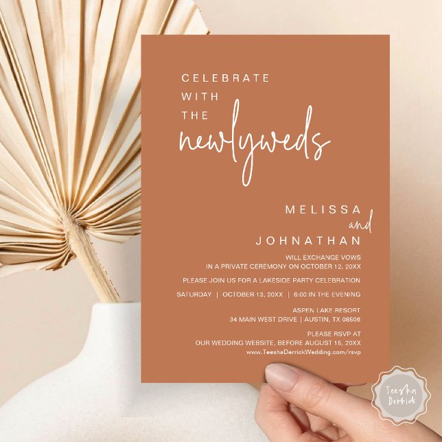 Fira med Newlyweds, Bröllopsfest Inbjudningar (Celebrate With The Newlyweds, Modern Wedding Party Invitation Card, PDF, in Copper Terracotta)