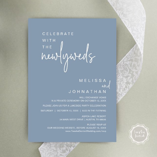 Fira med Newlyweds, Bröllopsfest Inbjudningar (Celebrate With The Newlyweds, Modern Wedding Party Invitation Card, PDF, in Dusty Blue)