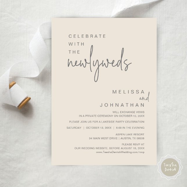 Fira med Newlyweds, Bröllopsfest Inbjudningar (Celebrate With The Newlyweds, Modern Wedding Party Invitation Card, PDF, in Dark Grey and Cream)