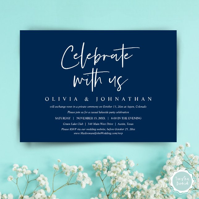 Fira med oss, avslappnad vigsel & bröllopsfirande inbjudningar (Celebrate with us, Wedding Elopement Invitation Dinner, Lunch, Brunch Party, Card, PDF, Navy Blue)