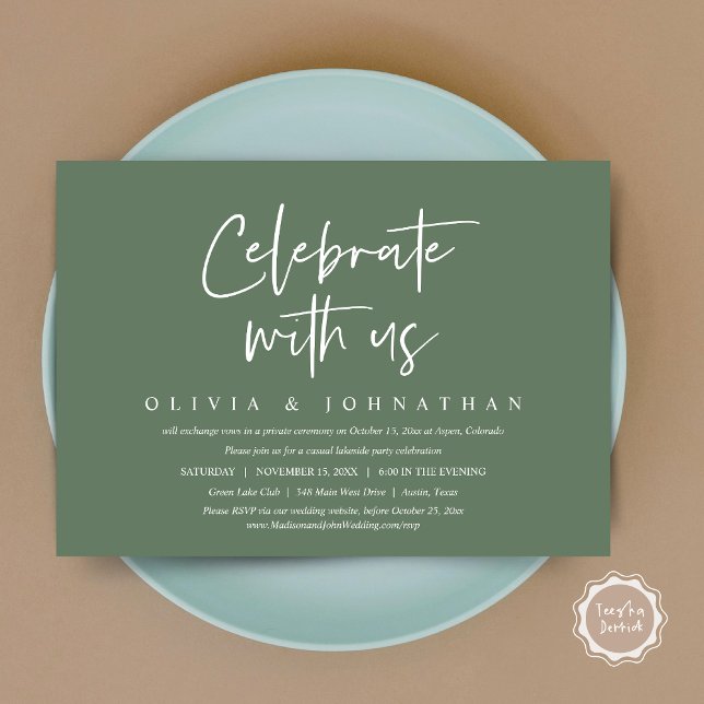 Fira med oss, avslappnad vigsel & bröllopsfirande inbjudningar (Celebrate With Us, Wedding Elopement Brunch, Lunch, Dinner Party Invitation Card, PDF, Sage Green)