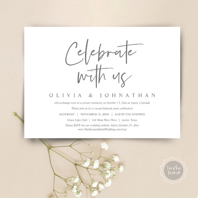 Fira med oss, avslappnad vigsel & bröllopsfirande inbjudningar (Celebrate With Us, Wedding Elopement Brunch, Lunch, Dinner Party Invitation Card, PDF, dark grey)