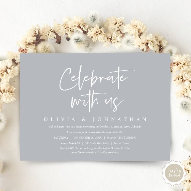 Fira med oss, avslappnad vigsel & bröllopsfirande inbjudningar (Celebrate With Us, Wedding Elopement Brunch, Lunch, Dinner Party Invitation Card, PDF, Chill Grey)