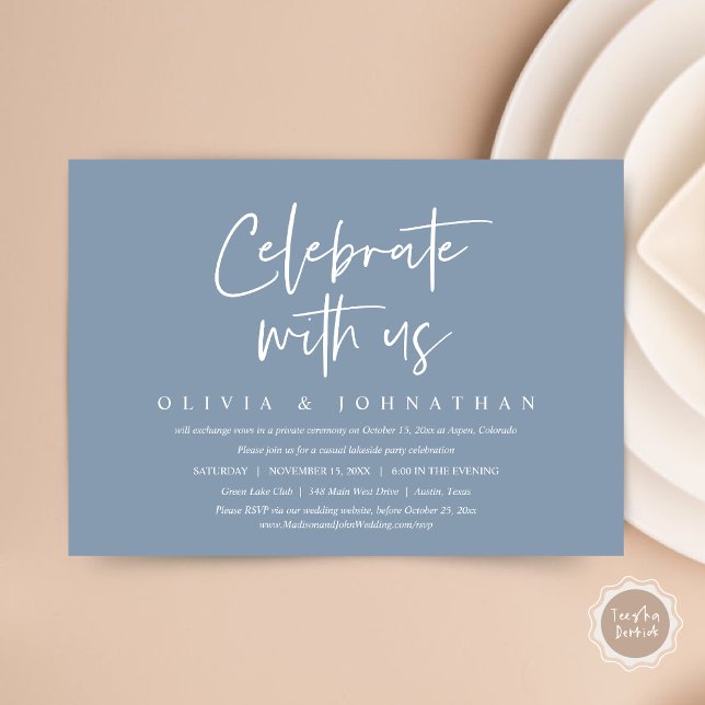 Fira med oss, avslappnad vigsel firande inbjudningar (Celebrate With Us, Wedding Elopement Brunch, Lunch, Dinner Party Invitation Card, PDF, Dusty Blue)