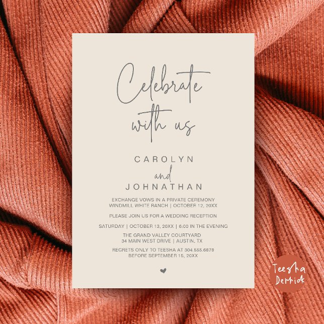 Fira med oss, Bröllop Elopement Krämgrå Inbjudningar (Celebrate with us, Wedding Elopement Reception Dinner Invitation Card Cream and Grey)