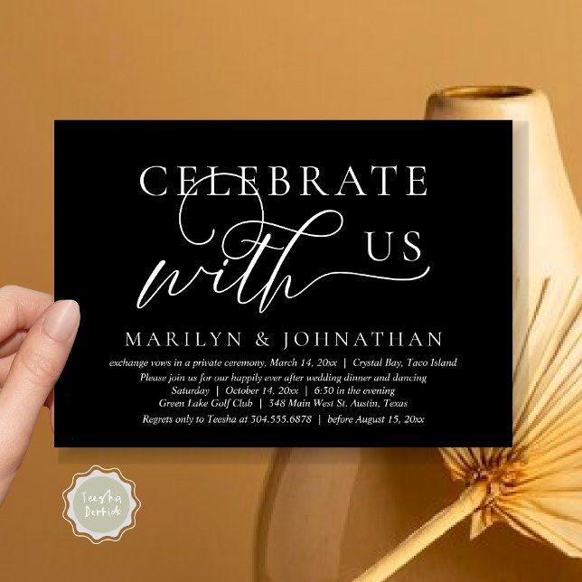 Fira med oss Bröllop Elopement Middag Dans Inbjudningar (Celebrate with us Wedding Elopement Dinner Dancing Invitation Card, PDF, Classy Black)