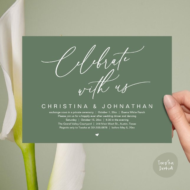 Fira med oss Bröllop-middag Party Inbjudningar (Celebrate With Us Romantic Wedding Elopement Dinner Brunch Lunch Party Invites Card PDF Sage Green)