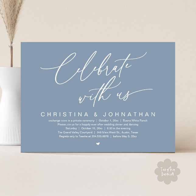 Fira med oss Bröllop-middag Party Inbjudningar (Celebrate With Us Romantic Wedding Elopement Dinner Brunch Lunch Party Invites Card PDF Dusty Blue)