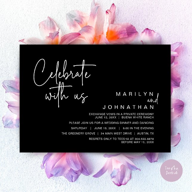 Fira med oss, Bröllops Dinner Party Inbjudningar (Celebrate with us, Modern Wedding Elopement Dinner Lunch Brunch Party Invites Card PDF Classy Black)