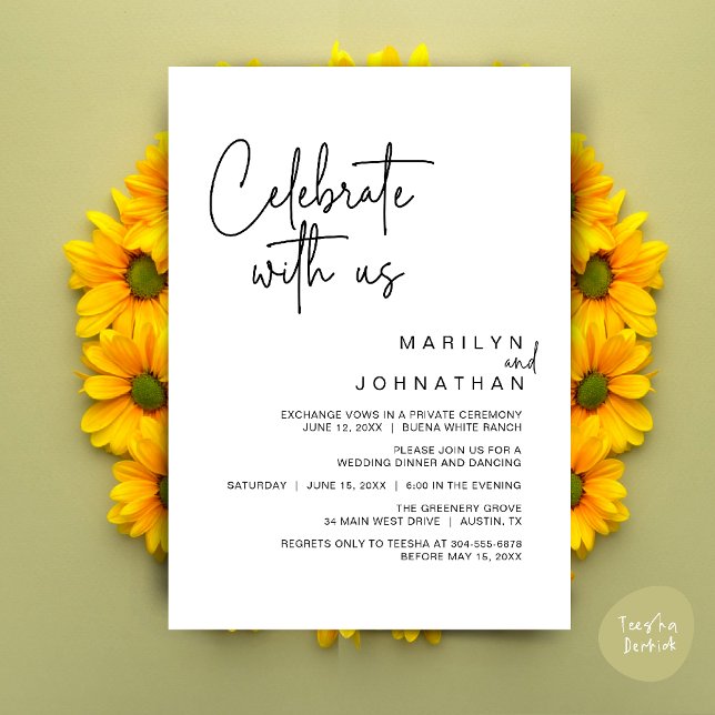 Fira med oss, Bröllops Dinner Party Inbjudningar (Celebrate with us, Modern Wedding Elopement Dinner Lunch Brunch Party Invites Card PDF White Black)