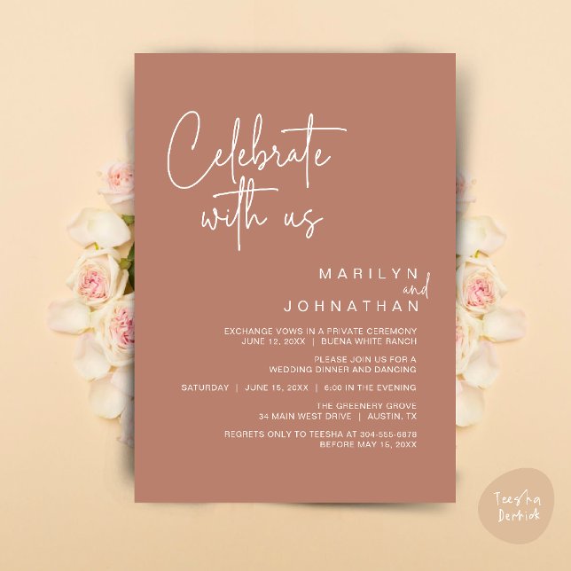 Fira med oss, Bröllops Dinner Party Inbjudningar (Celebrate with us, Modern Wedding Elopement Dinner Lunch Brunch Party Invites Card PDF Earthy Brown)
