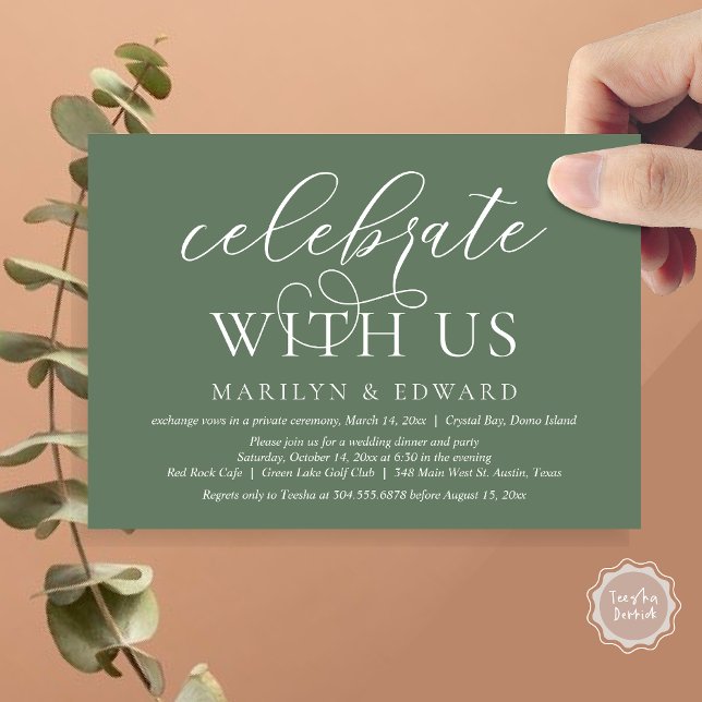 Fira med oss, Bröllopsfirande i det lilla formatet Inbjudningar (Celebrate With Us, Modern Wedding Dinner Invitation Card, PDF, in Forest Sage Green)