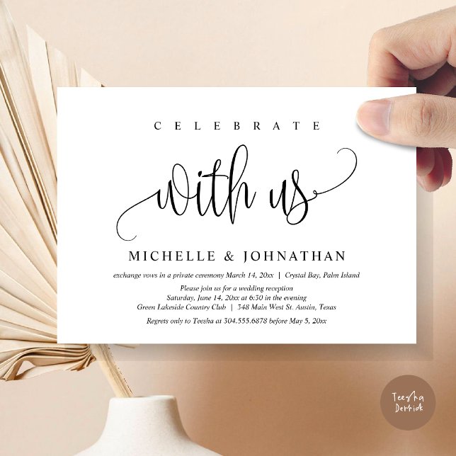 Fira Med Oss, Bröllopsfirande Inbjudningar (Celebrate with us, Modern Wedding Elopement Dinner Party Invitation Card, PDF, in black and white)