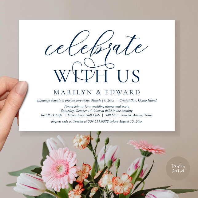 Fira med oss, Bröllopsfirande Invitation Inbjudningar (Celebrate With Us, Modern Wedding Dinner Invitation Card, PDF, in Navy Blue)